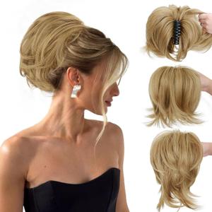 Claw Clip Short Ponytail Extension Messy Bun Hair Piece With 4 Bendable Metals DIY Synthetic Fake Hair Bun For Women Daily Use Ash Blonde Mix Ginger Blonde (8 Inch)