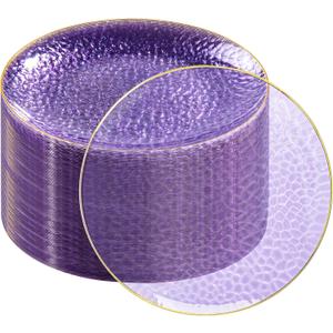 Rubtlamp 100Pcs Purple Gold Plastic Dessert Plates, 7" Purple Disposable Appetizer Plates With Gold Rim, Heavy-duty Party Salad Plates, Hammered Plastic Clear Dessert Plates for Wedding