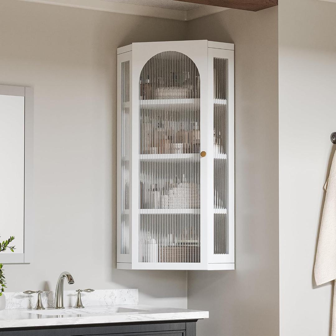 Bathroom Corner Wall Cabinet, Metal Medicine Cabinet with Glass Doors and Shelves, Hanging Corner Storage Cabinet for Bathroom, Kitchen, Laundry Room (White), 15.94"D X 22.24"W X 41.34"H
