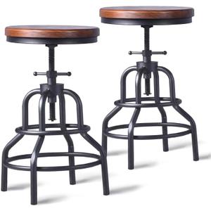 LOKKHAN Vintage Industrial Bar Stool-Rustic Swivel Barstools-Round Wood Metal Base-Kitchen Counter Height Adjustable Pipe Stool-Cast Steel Chairs 20-27 Inch (Set of 2) (Brown Wood)