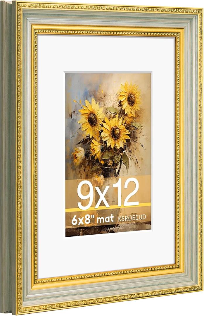 9x12 Picture Frame for 6x8 Photo with White Mat, HD Real Glass 9x12 Vintage Photo Frame with Gold Green Texture Border Horizontal & Vertical Display for Tabletop or Wall Decor (1 Pack)
