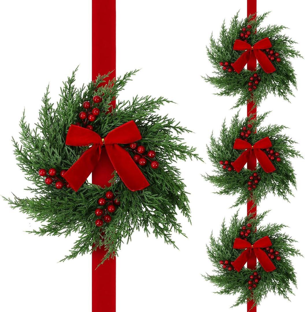 Artificial Cedar Christmas Wreath 63" Christmas Three Cedar Wreaths with 3 Red Velvet Bow Ribbon and Berries Front Door Decoration Wall Hanging Home Decoration for Xmas Party
