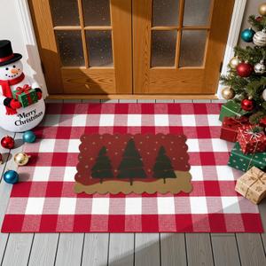 OJIA 2PCS Christmas Rug Door Mat Combo Set, Imitation Coir Doormat + 3'x5' Red and White Plaid Rug Xmas Washable Outdoor Area Rugs Layered Door Mats Floor Carpet for Porch Patio Decor Outside Entry