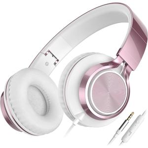 AILIHEN C8 Wired Headphones with Mic & Volume Control - Noise Isolating On-Ear Headphones for Girls School, Plug in Corded 3.5mm Headsets for Chromebook Laptop Computer PC Tablets Travel (Rose Gold)