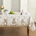 Horaldaily Easter Tablecloth 60104 Inch Rectangular, Bunny Rabbits Carrot Easter Egg Anemone Stripes Bowknot BrownWashable Seasonal Table Cover for Party Picnic Dinner Decor