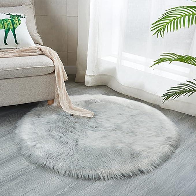 round Rug Soft Shaggy Faux Fur Area Rug Luxury Plush Sheepskin Carpet for Bedroom Living Room Sofa Chair 4 x 3.9 Feet, Gradient Grey