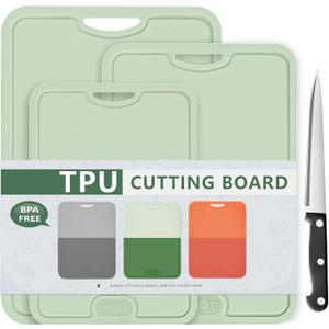 Gintan Flexible TPU Cutting Board with Knife and Juice Groove, BPA Free Flexible Chopping Boards for Kitchen Dishwasher Safe Easy Grip Handle(L+M+S-Green)