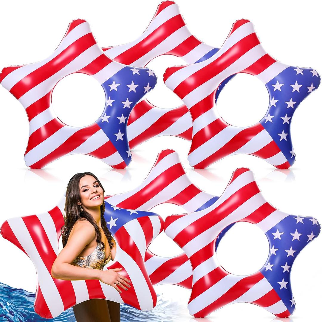 Blosssound 6 Pieces Patriotic Stars Inflatable Pool Floaties Red White Blue 35 Inch American 4th of July 250th Anniversary Swimming Float Pool Inflatable Float Toys for Adults Party Decoration