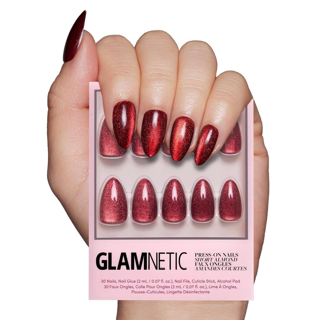 Glamnetic Press On Nails - Ruby Slipper | Deep Red Sparkly Short Almond Fake Nails with a Velvet Finish, Salon Quality | 15 Sizes - 30 Nail Kit with Glue