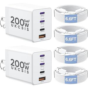 2 Pack 200W USB C Charger Block, Foldable 4Port GaN5 Fast Type C Charging Block, Dual 65W Laptop Super Fast Charger USB C, Adapter for MacBook Pro/Air, iPad Pro, iPhone 17/16/15Pro, S25/S24 and More