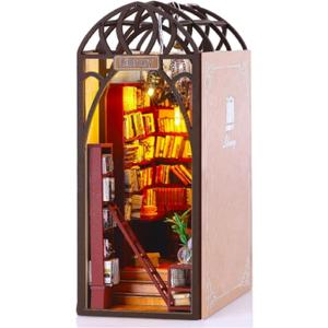 DIY Book Nook Kit with LED Lights, 3D Wooden Puzzle Bookshelf Insert & Dollhouse Decor, Creative Model Building Kit with Furniture for Home Desk, Library, or as Bookends