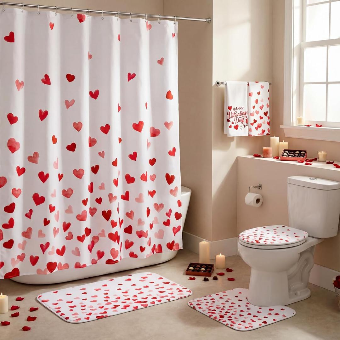 Moukeren 6 Pcs Valentine's Day Bathroom Decor, Valentines Shower Curtain and Rug Sets, Red Heart Shower Curtain 72x72 Inch, U-Shaped Toilet Lid Cover, 2 Towels & 8 Hooks, Romantic Bathroom Decor