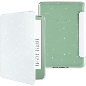 MOROCK Slim Case for All-New Kindle(11th Generation,2024/2022 Release,Model No. RS23CV/C2V2L3), Lightweight Glitter PU Leather and PC Clear Acrylic Back Cover, Auto Sleep/Wake, Glitter White