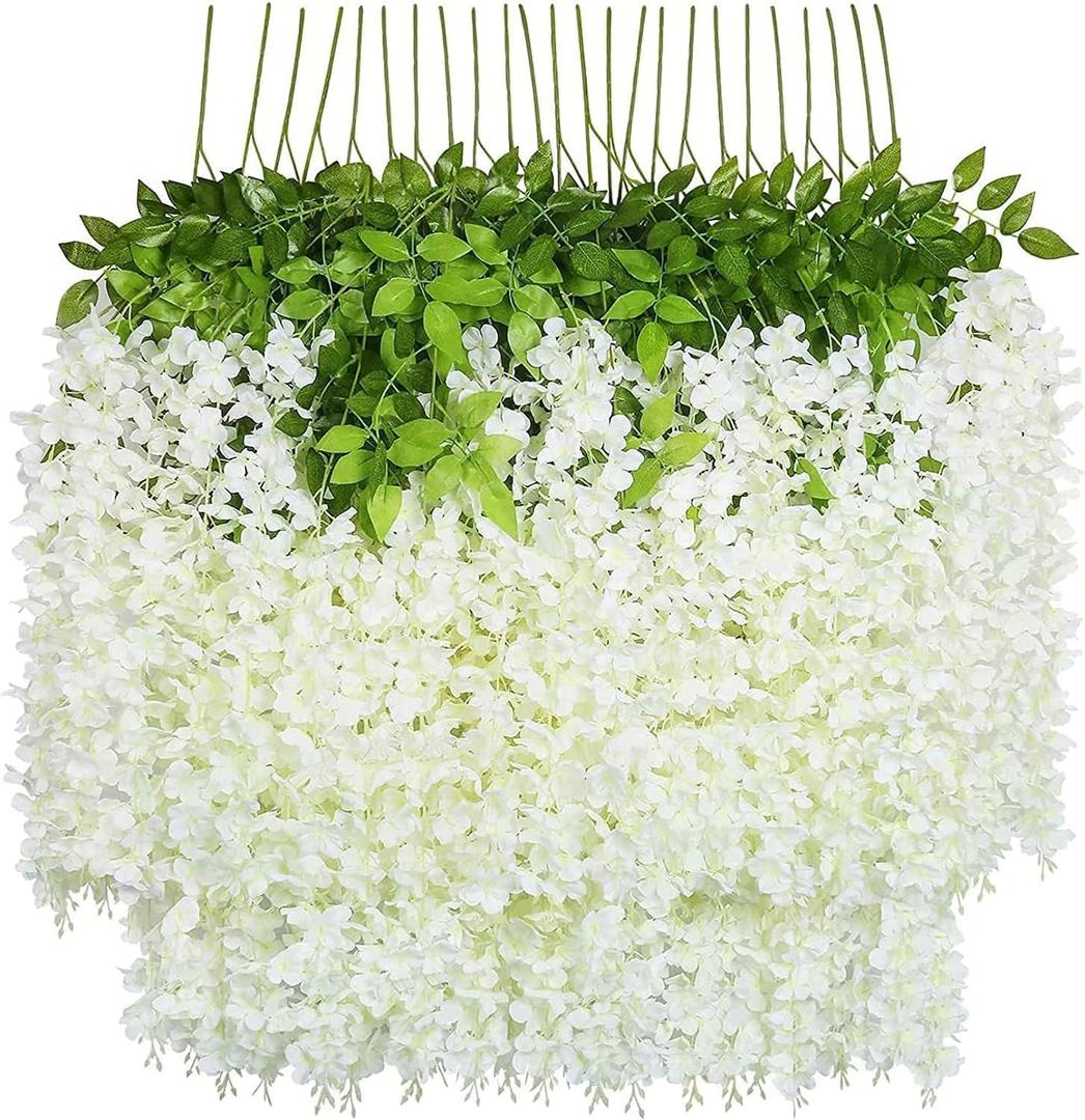 U'Artlines 12 Pack(Total 43.2 Feet) Artificial Fake Wisteria Vine Rattan Hanging Garland Silk Flowers String Home Party Wedding Decor (12, White)