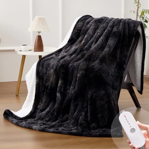 HYLEORY Thick Faux Fur Heated Blanket Twin - Soft Flannel Electric Blanket with 5 Heating Levels & Auto Off 10 Hrs, Fluffy Cozy Warm Couch Bed Blankets for Winter Halloween Decor, 62''x84'', Black