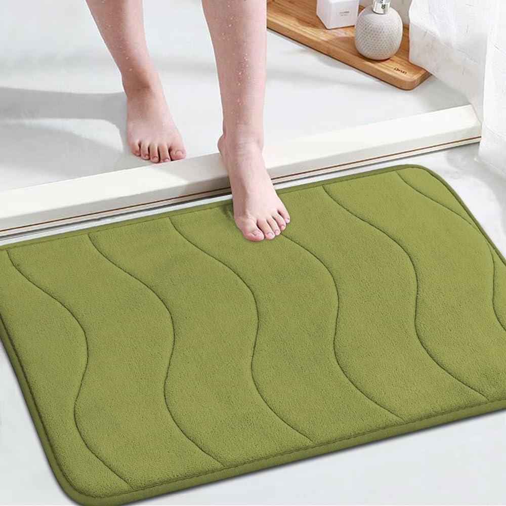 Flamingo P Memory Foam Bath Mat Non Slip Super Absorbent Shower Rug for Bathroom,24x17,Olive (Olive Wavy Line)