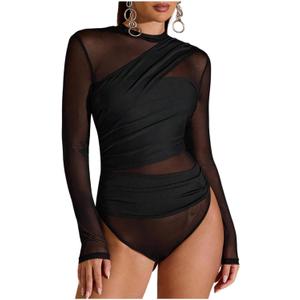 SweatyRocks Women's Sheer Mesh Bodysuit Ruched Mock Neck Long Sleeve Fitted Leotard, Medium
