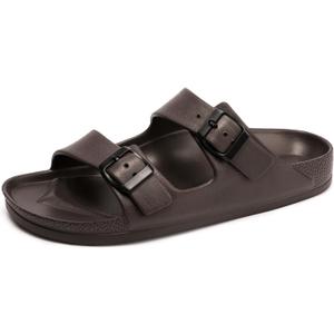 FUNKYMONKEY Women's Comfort Slides Double Buckle Adjustable EVA Flat Sandals (6, Dark Brown)