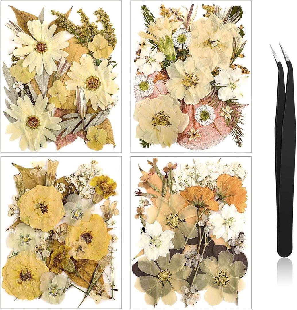Nuanchu Pressed Flowers Bulk Dried Flower for Crafts, Dried Wildflowers Leave Natural with Tweezer for Resin Mold Scrapbooking Nail Soap Making DIY(Retro Style,Warm Color)