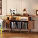 PRAISUN 47.2 Inch Large Record Player Stand with Power Outlets & 3-Color Lights, Vinyl Record Stand with 2 Fluted Cabinets, USB-C Port, Mid Century Modern Player Stand, Open Storage, Walnut