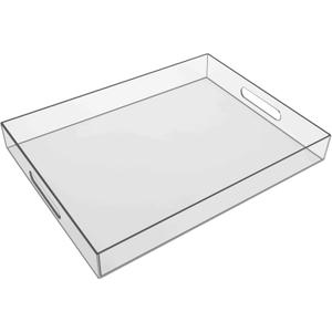 Sooyee Clear Acrylic Tray Decorative,16" x 12" Plastic Serving Trays for Coffee Table,Kitchen,Bathroom,Food,Vanity Countertop,Large Ottoman Tray with Handles