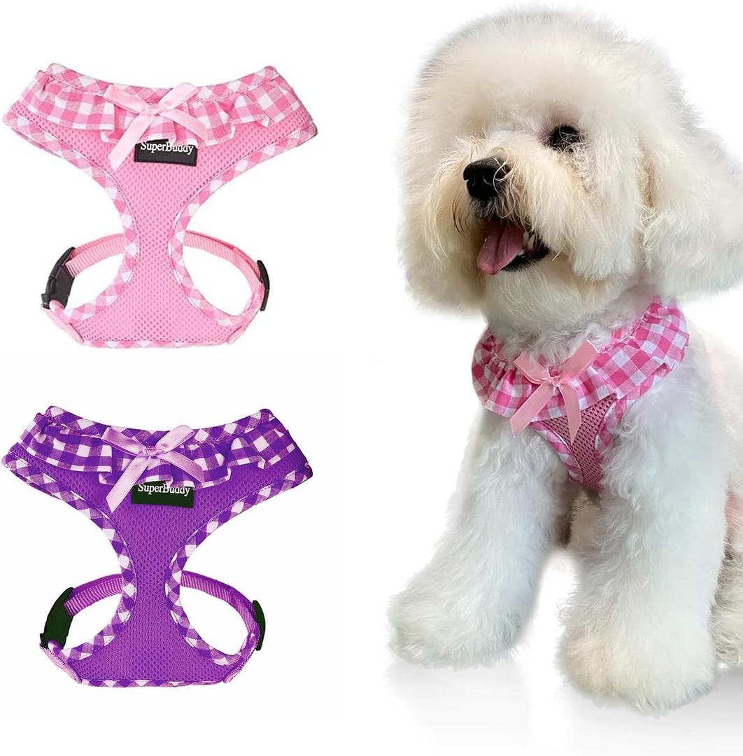 SuperBuddy Upgraded Soft Mesh Dog Harness, Super Breathable Lightweight Pet Harnesses for Puppy Dogs Outdoor Walking, Pink and Purple Dog Harness Set Packing -Medium (M (Neck Girth 13"; Chest Girth: 13"-18.5"))