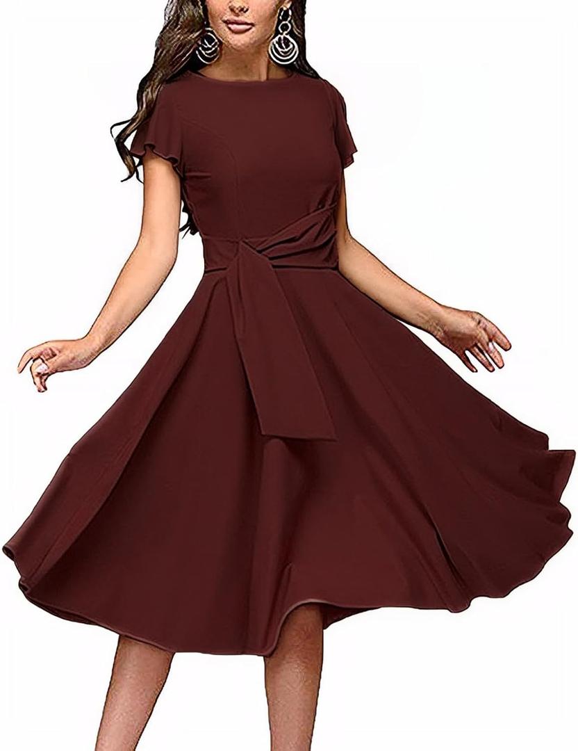 FENJAR Womens Elegance Audrey Hepburn Style Ruched Short Ruffle Sleeve Casual Swing A-line Dress(R-Wine-XXL) (XXL)