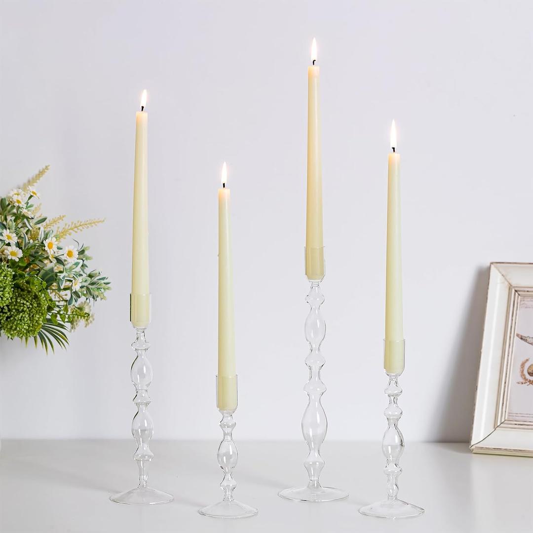 Hewory Glass Candle Holder Set: 4PCS Clear Glass Candlestick Holders Vintage Taper Candle Holders for Candlesticks, Unique Candle Sticks Holder Decor for Table Dinner Festival Events Decorations, Clear