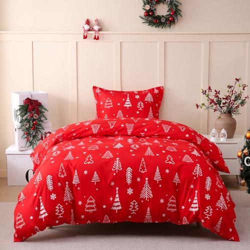 JSD Red Christmas Tree Kids Duvet Cover Set Twin Size, 2 Piece Xmas Comforter Cover with Pillow Sham Zipper Closure, Comforter Not Included