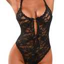 Kolagri Womens One Piece Lingerie Deep V Teddy Sexy Lace Bodysuit See Through Lingerie Babydoll Black XXL