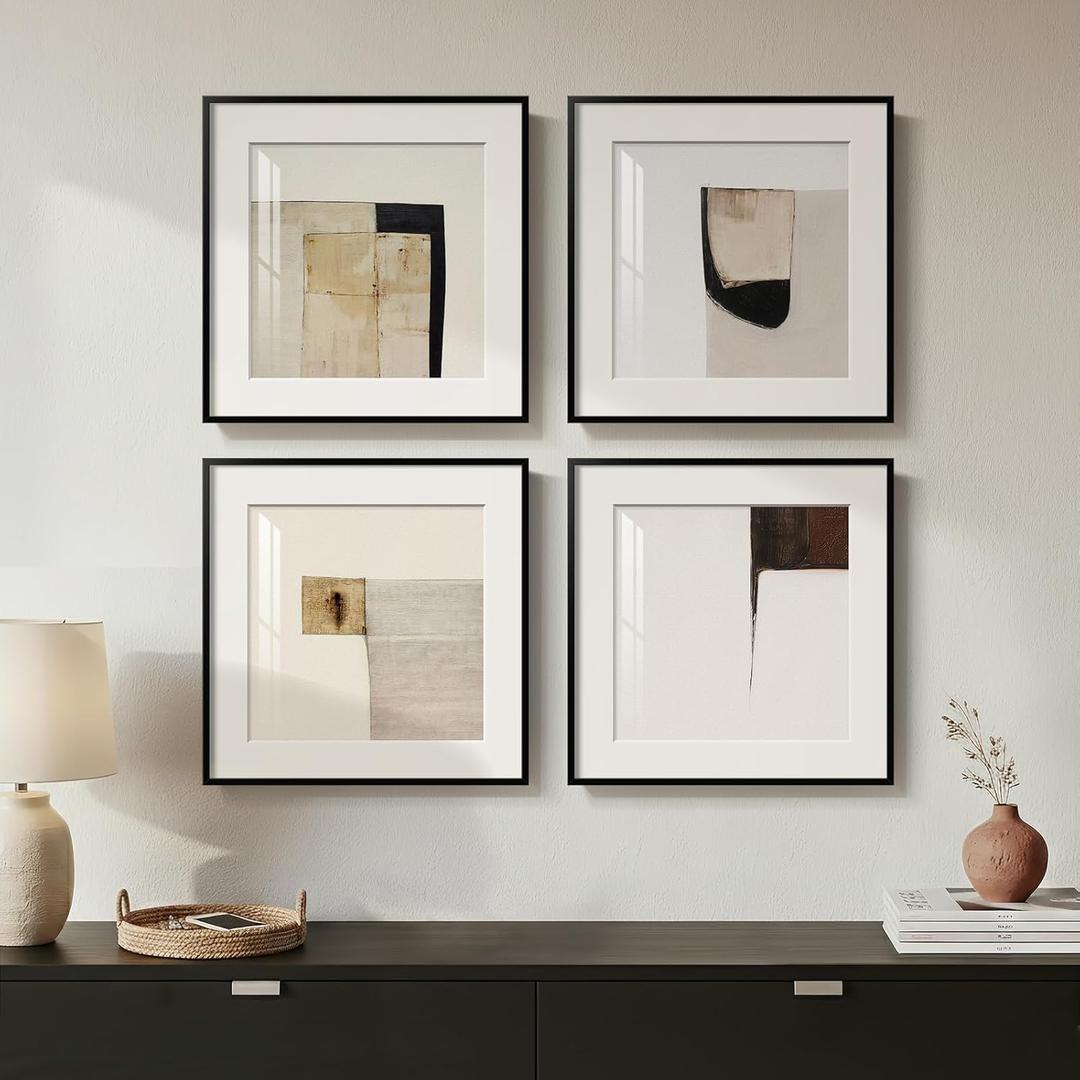 4 Piece Framed Neutral Abstract Wall Art Set, Tan and Black Geometric Modern Pictures Prints, Minimalist Luxury Paintings Artwork for Bedroom, Bathroom, Hallway and Living Room 12x12 Inch (gray and white)