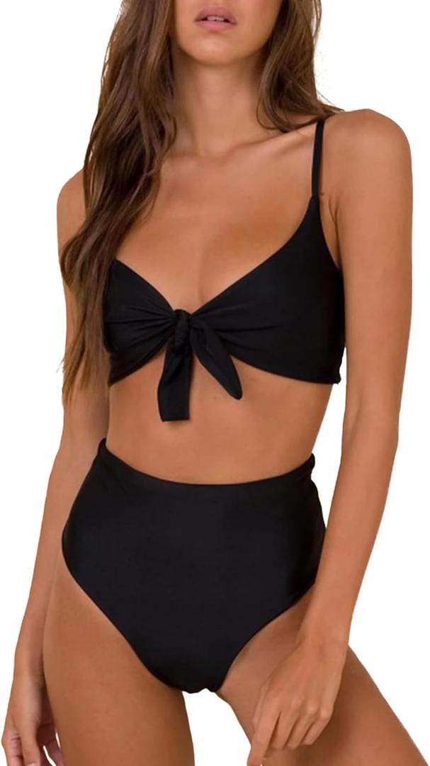 Blooming Jelly Womens High Waisted Bikini Set Tie Knot High Rise Two Piece Swimsuits Bathing Suits (Large, Black)