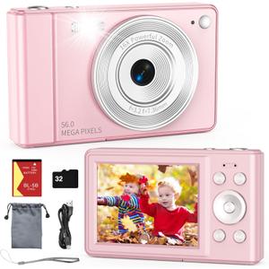 2025 New Digital Camera, 56MP FHD 1080P for Kids with 16x Digital Zoom Anti Shake, Face Detect, Smile Capture, 32GB TF Card, Battery, Lanyard, a Great Gift for Boys & GirlsPink