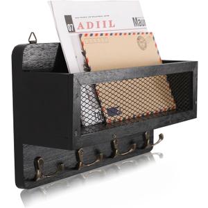 ADIIL Mail and Key Holder for Wall Decorative, Wooden Wall Mount Key Rack Hanger Organizer with 4 Double Key Hooks, Rustic Home Decor for Entryway Hallway, Black