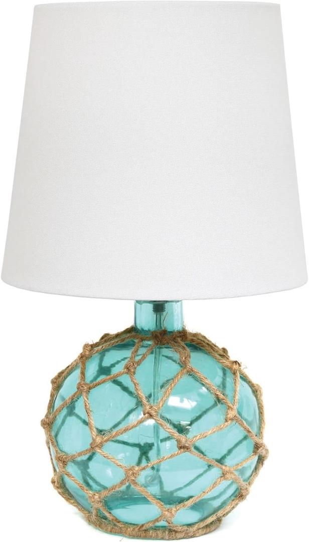 Elegant Designs LT1050-AQU Buoy Rope Nautical Netted Coastal Ocean Sea Glass Table Lamp with White Fabric Shade, Aqua