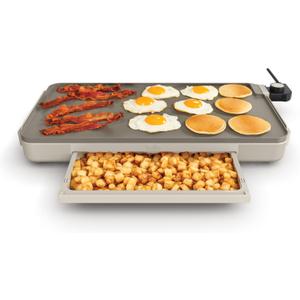 bella 12" x 22" Electric Griddle with Warming Tray, EverGood Ceramic Nonstick Coating & Removable Temperature Probe, Dishwasher-Safe Drip Tray & Cool Touch Handles, 1500 Watt, Oatmilk