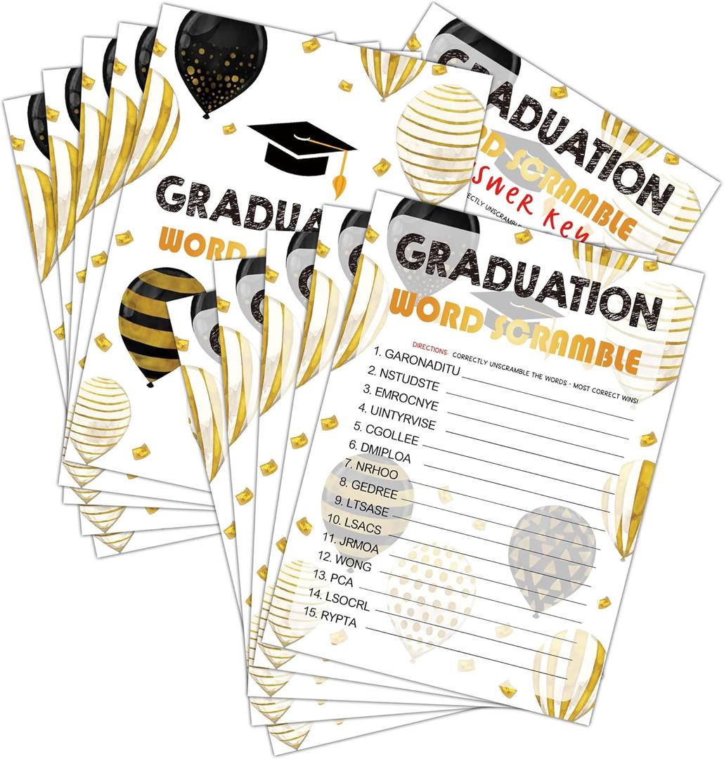 Graduation Party Games - Word Scramble Cards for The Graduate - Graduation Party Decorations 2024 - Gold & Black Grad Party Supplies for High School/College - 30 Game Cards 1 Answer Card(C05)