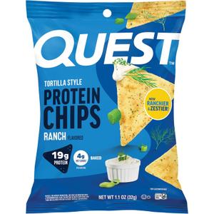 Quest Nutrition Ranch Tortilla Style Protein Chips, 19g Protein, 4g Net Carb, High Protein, Low Carb, Gluten Free, 1.1 Ounce (Pack of 12) (EXP 04/20/27)