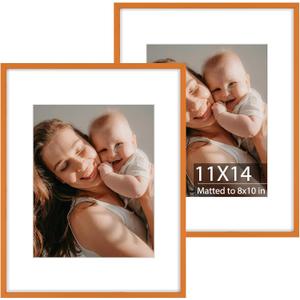 Set of 2 Orange 11x14 Aluminum Picture Frames with Mat for 8x10 Photos - Durable HD Plexiglass for Superior Clarity - Versatile Colorful Metal Frames Ideal for Wall Mounting Vertically or Horizontally