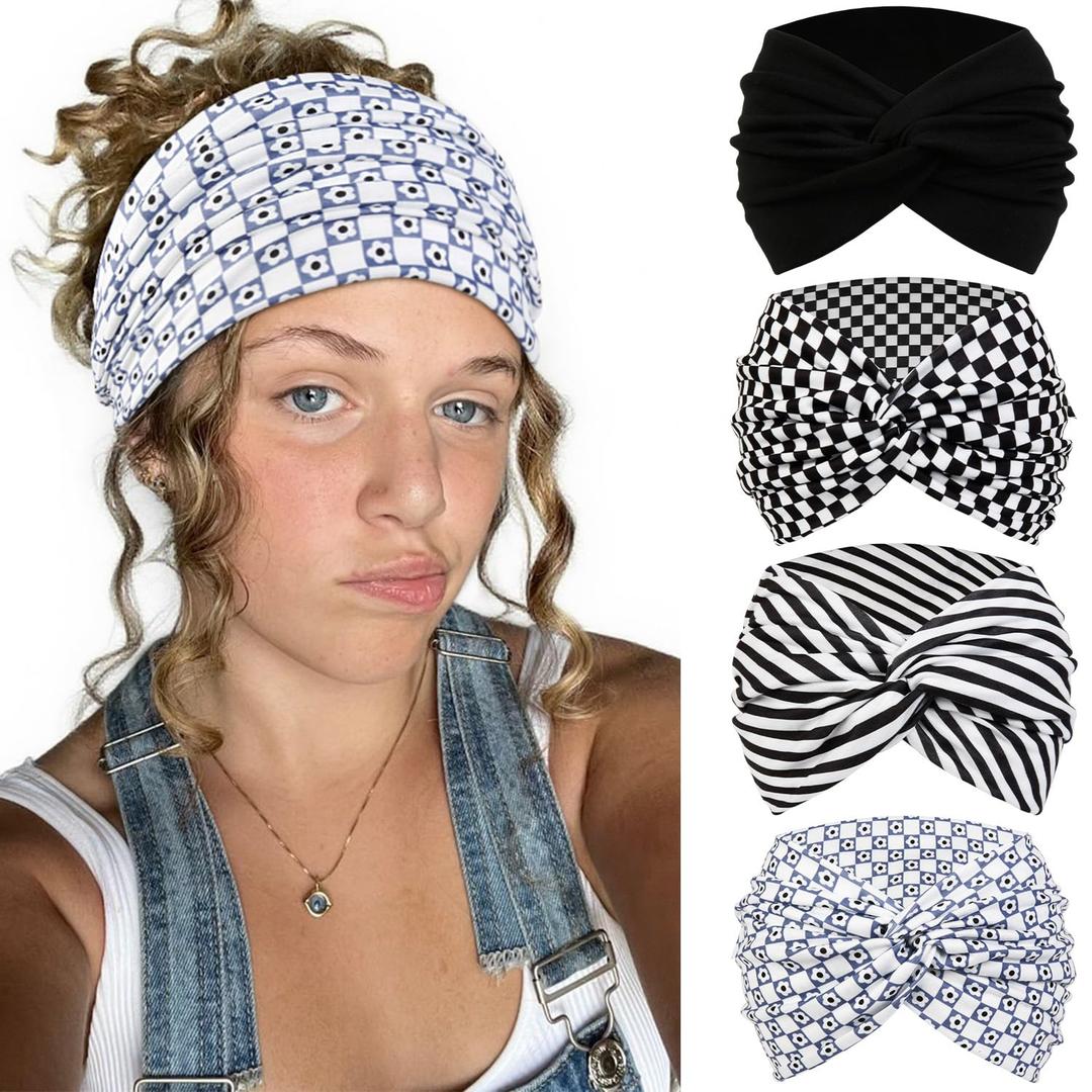 Tobeffect 7 Inches Extra Wide Headbands for Women, 4 Packs Boho Large Turban Head Bands Bandana Hair Scarves Womens Fashion Headband Sport Workout Yoga Hairband African Knotted Headwraps