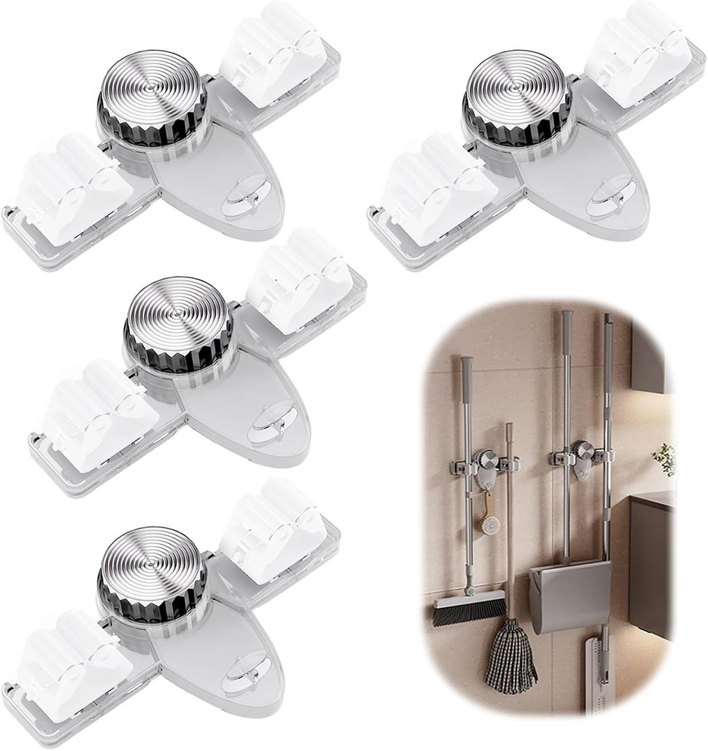 4 Pack Broom Holder Mop Hanger, No Drill Suction Cup Adjustable Organizer with Hooks Broom Hanger Organizer for Bathroom Kitchen Office Utility Room Laundry Home Garden Garage Storage Organizatin Rack