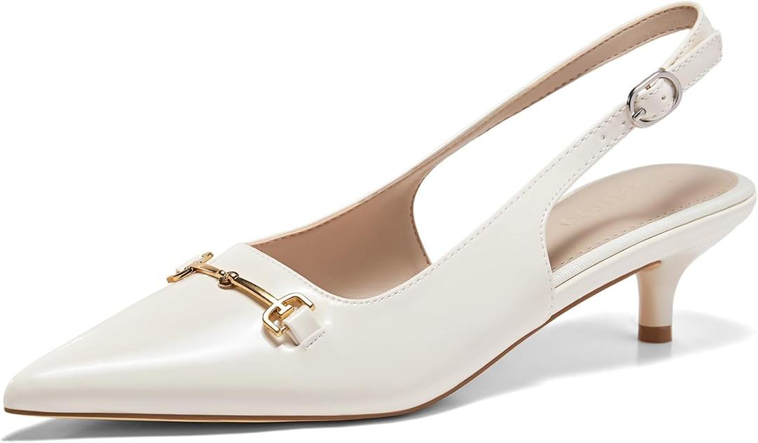 Coutgo Womens Slingback Kitten Heels Low Heel Dress Shoes Closed Pointed Toe Metal Chain Office Work Pumps, Beige, Size 9.5