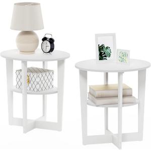 Furinno JAYA Side Table Set of 2, 2-Tier Round Modern End Table with Oval Tabletop, Night Stand, Bedside Table with Open Shelf, for Living Room, Bedroom, White