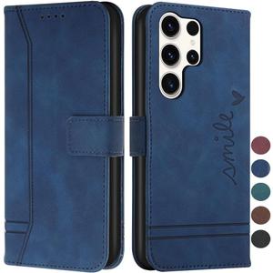 Wallet Case for Samsung Galaxy S24 Ultra, Galaxy S24 Ultra Case with Card Holder Leather Flip Case with Kickstand Magnetic Protection Compatible with Samsung Galaxy S24 Ultra Smile Blue
