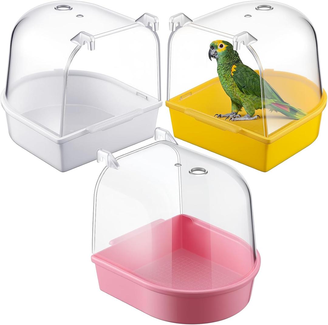 Honeydak 3 Pieces Clear Bird Bath for Cage Parakeet Bird Cage Accessories Hanging Bath Box Parrot Bathing Tub with Clear View for Cockatiel Conure Canary Budgies Parrots(Bright Colors)