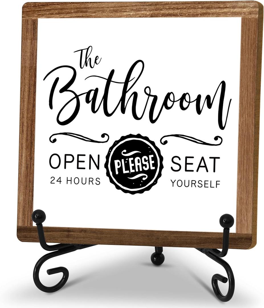 Funny Bathroom Signs Decor, Toilet Wooden Sign With Stand, The Bathroom Open 24 Hours Please Seat Yourself Sign, Farmhouse Bathroom Quote Sign For Toilet Restroom Washroom Home Decor Gifts, B13
