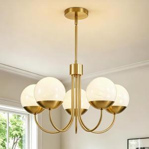 Epinl 5-Light Modern Gold Chandelier, Mid Century Sputnik Globe Pendant Light with Milk White Glass Shades, Height Adjustable Ceiling Light Fixture for Dining Room Living Room Bedroom Foyer Kitchen