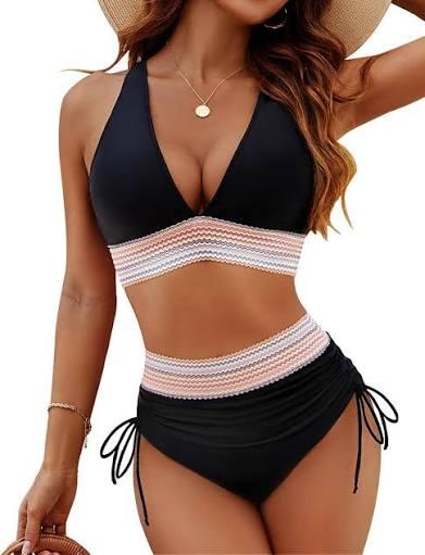 Blooming Jelly Women High Waisted Bikini Sets Tummy Control Swimsuits Color Block Two Piece Drawstring Bathing Suit (Black, M)