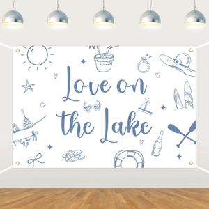 Love on the Lake Backdrop Lake Bachelorette Party Decorations Camping Bach Weekend Photography Background Surfboard Sunglasses Hat Juice Photo Props for Women Lake Tahoe Bridal Shower Supplies 5*3ft