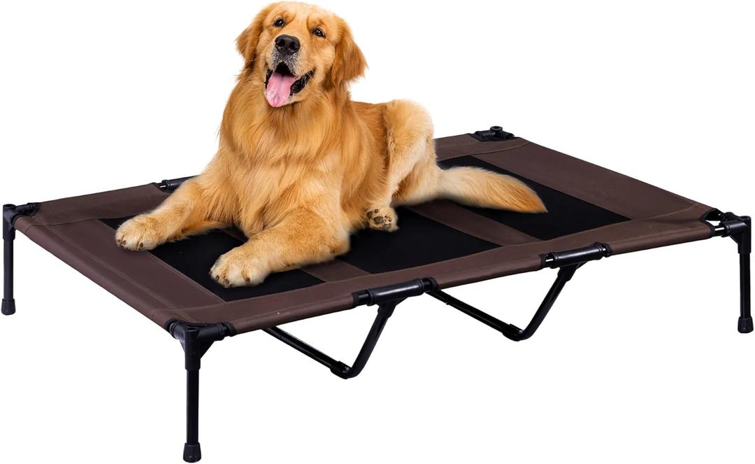 PRAISUN XL Outdoor Dog Bed, Elevated Dog Bed with Durable Oxford Fabric, Textilene Mesh, Metal Frame for Indoors, Outdoors, Lawn, Brown